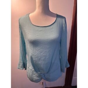 Zac & Rachel Aqua Blue Twist Front Bell Sleeve Textured Blouse Womens Medium